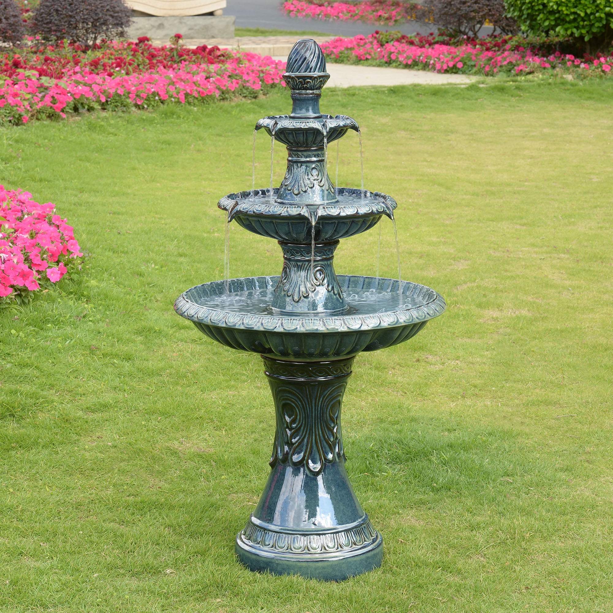3 Tier Ceramic Fountain - Serene Blue Beauty, No Lights - Radiant Selections