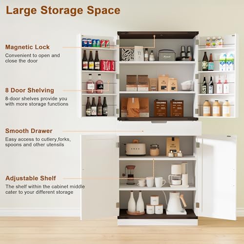 72" Tall Storage Cabinet, Kitchen Pantry Cabinet with Adjustable Shelves & Sturdy Steel Frame, Farmhouse Pantry Storage with 4 Barn Doors for Kitchen