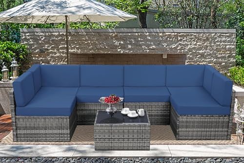 U-MAX 7 Piece Outdoor Patio Furniture Set, PE Rattan Outdoor Wicker Sectional Furniture Chair Set with Cushions and Tea Table