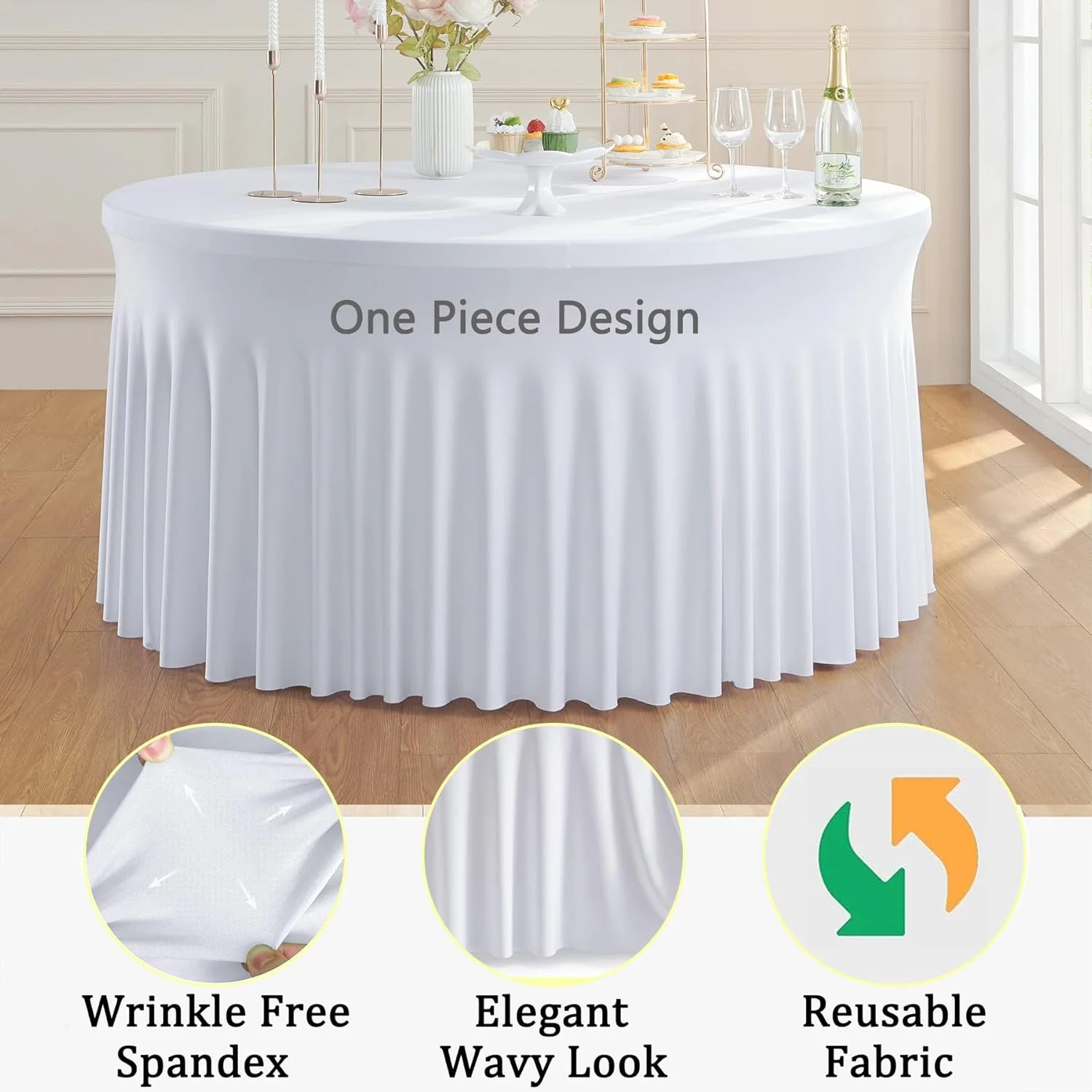 4Pack White Round Spandex Tablecloths for 60 inch Table