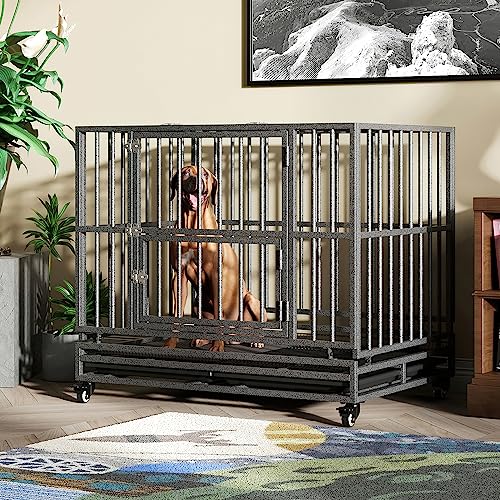 Heavy Duty Extra Large Dog Crate with Wheels - Indestructible 38/42/46 Inch Chew-Proof, Escape-Proof Kennel for High-Anxiety and Extra Large Dogs