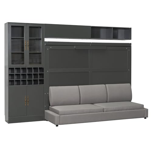 MERITLINE Queen Murphy Bed with Couch and Storage Shelves,Charging Station& LED Light