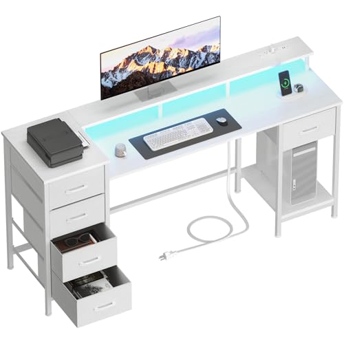 47 Inch Computer Gaming Desk with Power Outlets LED Lights Reversible Home Office with Adjustable Fabric Storage Drawers for Working Writing Study