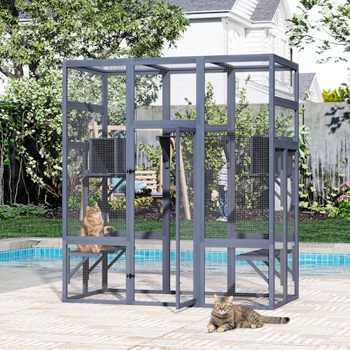 71Inches Large Wood Catio Outdoor Cat Enclosure with Perches and Condos, Cat House Indoor with Waterproof Roof