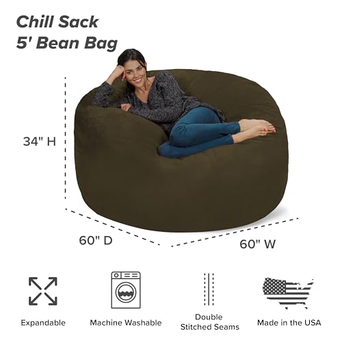 Chill Sack Bean Bag Chair - 5' Giant Memory Foam Lounge Chair with Soft Microfiber Cover – Cozy Furniture for Living Room, Dorm
