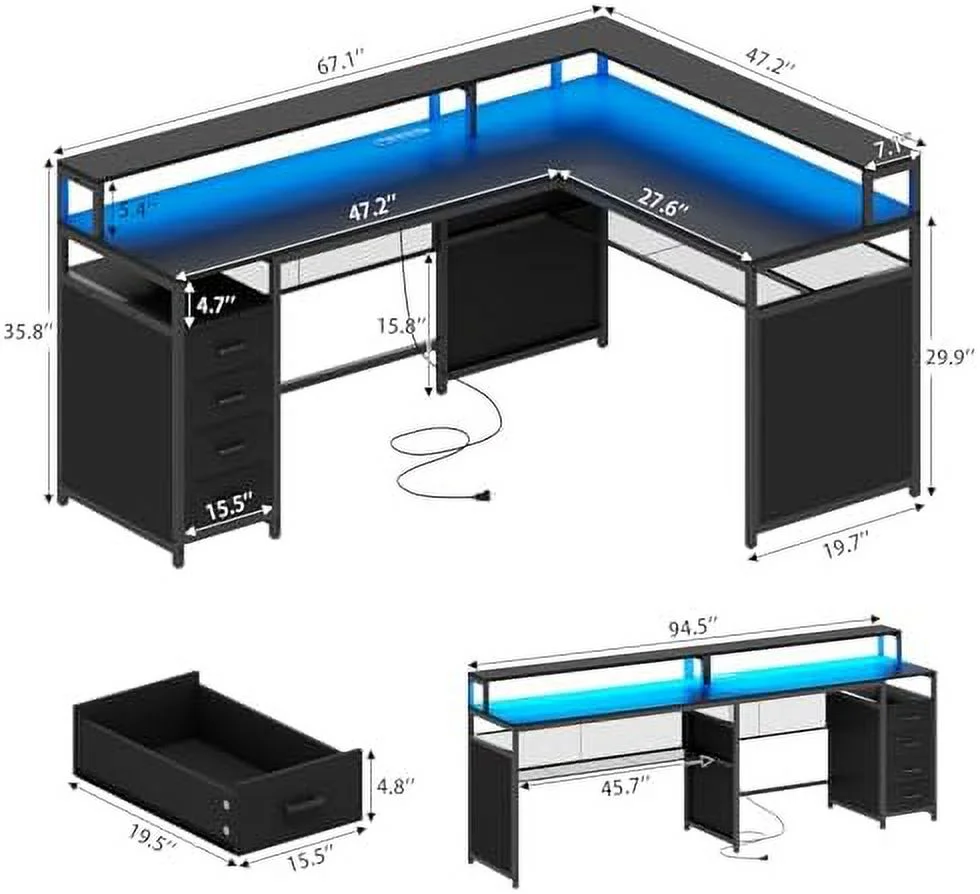 ZFGSUIJN L Shaped Desk with LED Lights &amp; Power Outlets  Reversible Home Office Desk with Drawers &amp