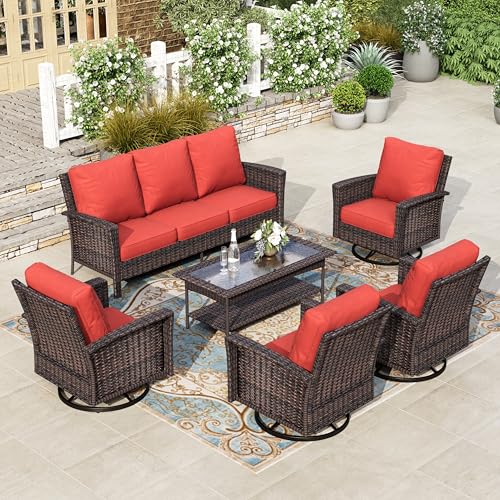 HERA'S HOUSE High Back Patio Furniture Set with Swivel Chairs, Outdoor Wicker Conversation Sets with 5.5" Comfy Cushions, 4 Piece Outside Sofa Sets