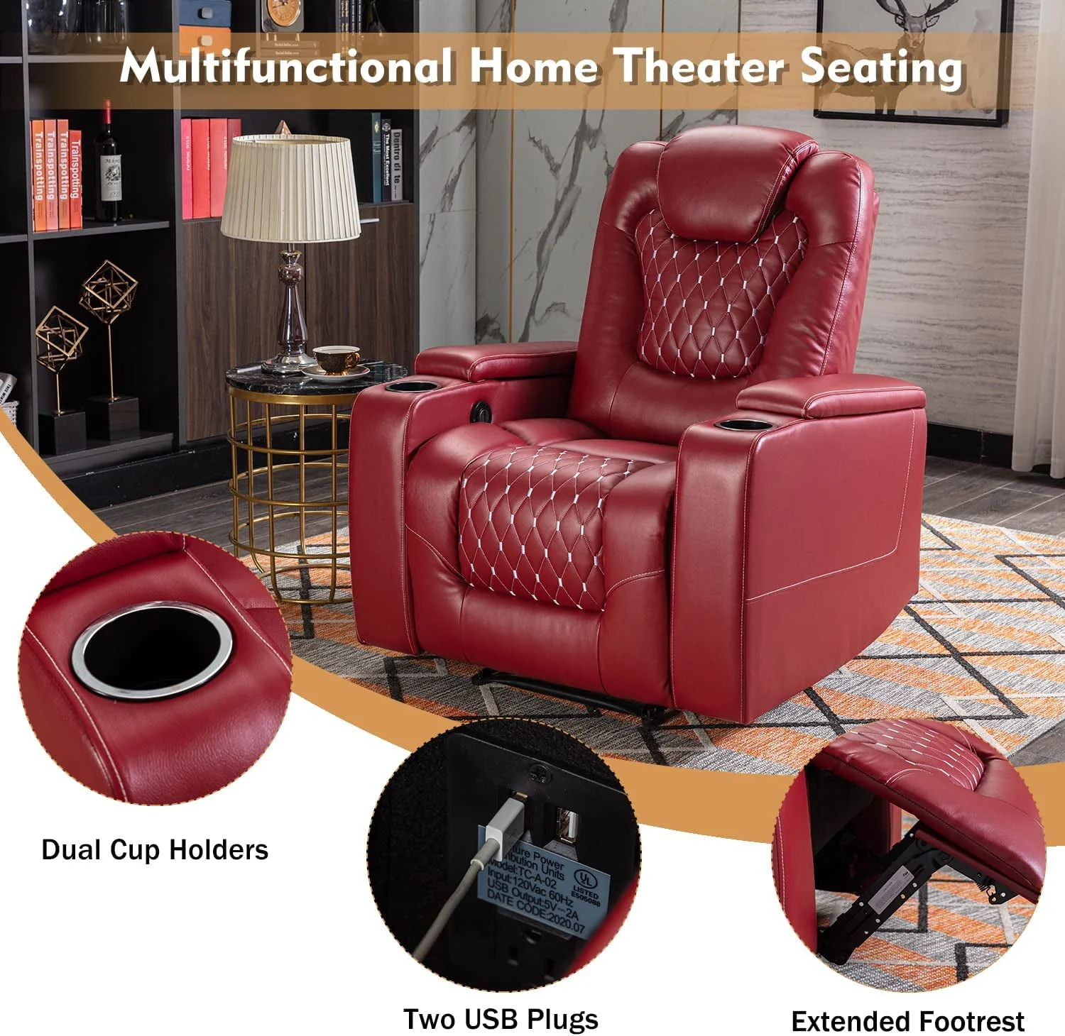 Bonzy Home Overstuffed Electric Home Theater Seating PU Leather Reclining Furniture with with USB Ports and Cup Holders and Hidden Arm Storage - Black