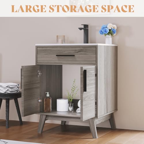 AMERLIFE 24.5" Bathroom Vanity with Sink Combo, Mid-Century Modern Small Single Bathroom Cabinet Set, Integrated Sink