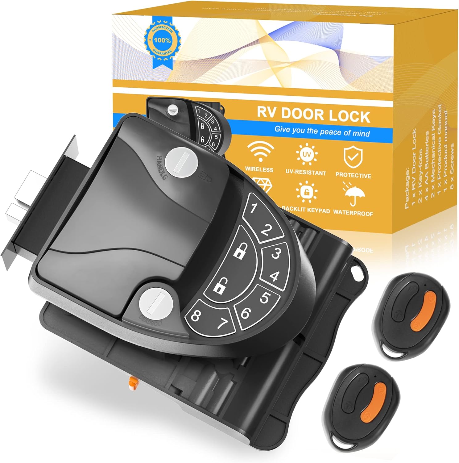 YOMILINK Upgraded RV Door Lock Keyless Entry Black, Zinc Alloy Metal Camper Trailer Door Lock with Backlit Keypad and 2 Remote Fobs, 4 Keys