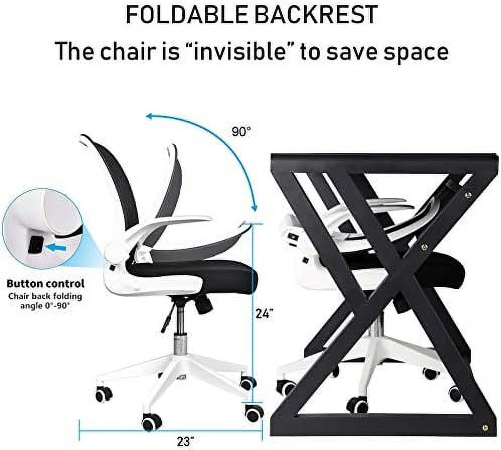 Office Desk and Chair Set  Breathable Mesh Computer Chair and JOMA Glass Top Computer Desk with Metal Frame  Flip-Up Arms Foldable Backrest Rolling