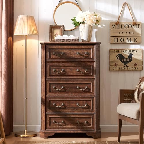 T4TREAM Farmhouse 5 Drawers Dresser for Bedroom, 48" Tall Wood Rustic Chest of Drawers with Natural Texture, Vintage Design