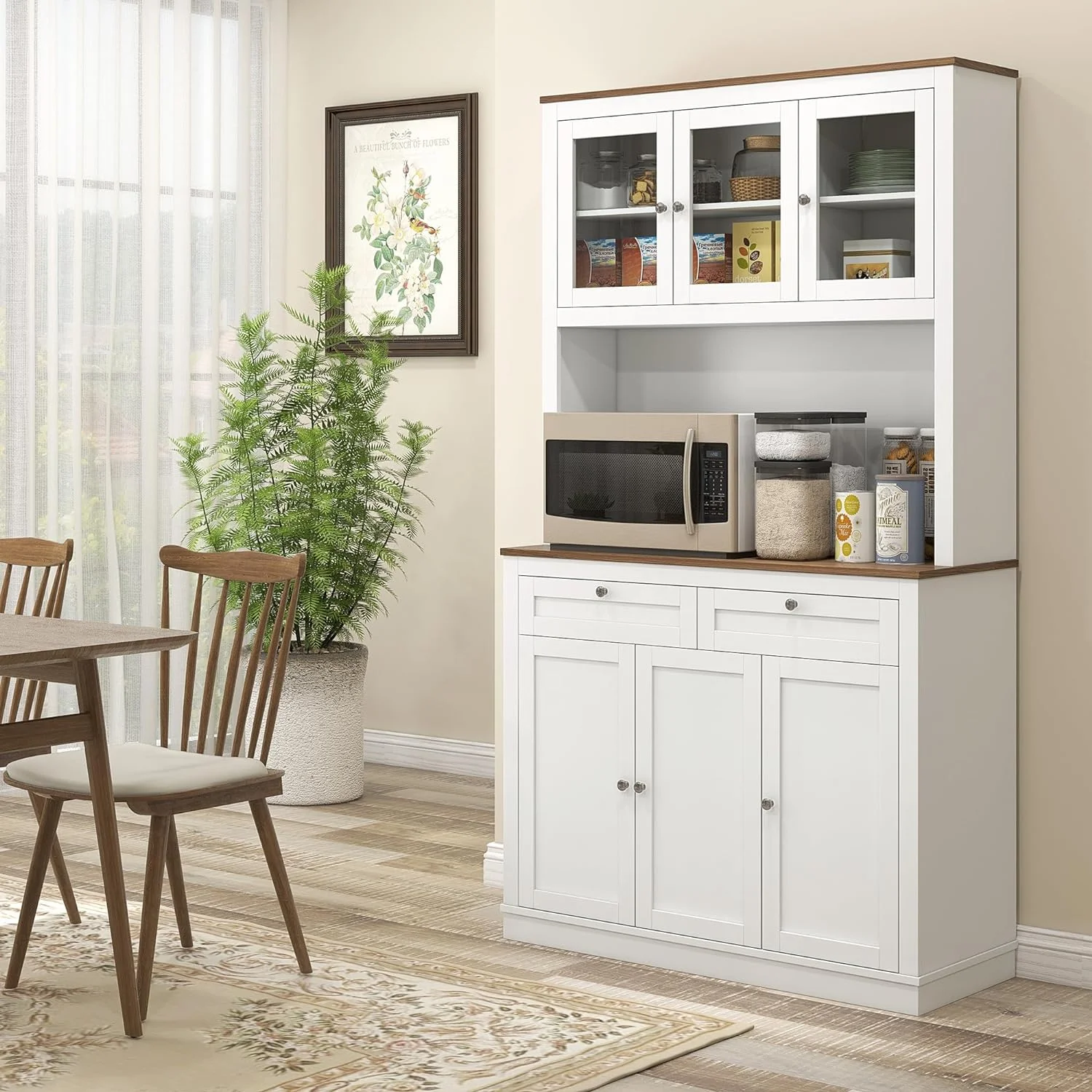 71" Tall Kitchen Pantry Storage Cabinet with Microwave Stand, Freestanding Buffet with Hutch, 2 Drawers, 5 Doors