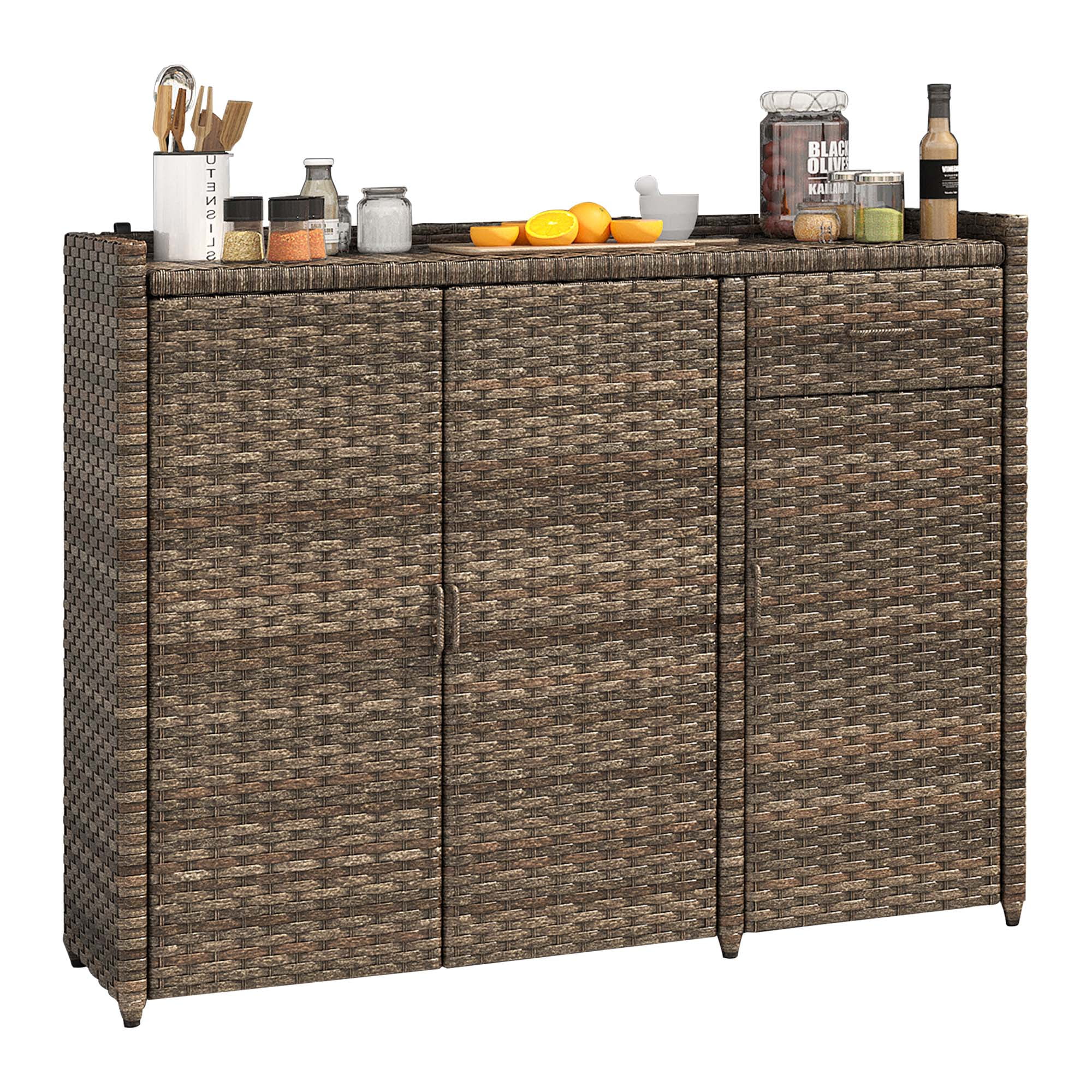 Dextrus Rattan Wicker Patio Organizer Storage Cabinet with 2 Doors, Foldable Drawer, Weather-proof Rattan Bar Table, Storage Box - Brown