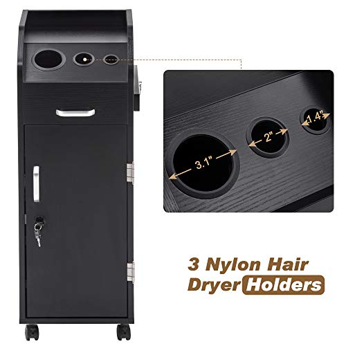 BarberPub Beauty Salon Trolley Storage Cart Hair Dryer Holder Stylist Equipment with Lockable Rolling Wheels, Drawer (Black)