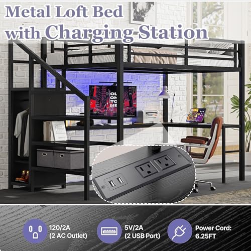 Bellemave Full Size Metal Loft Bed with L Shaped Desk and Wardrobe, Heavy Duty Loft Bed Frame with Storage Stairs