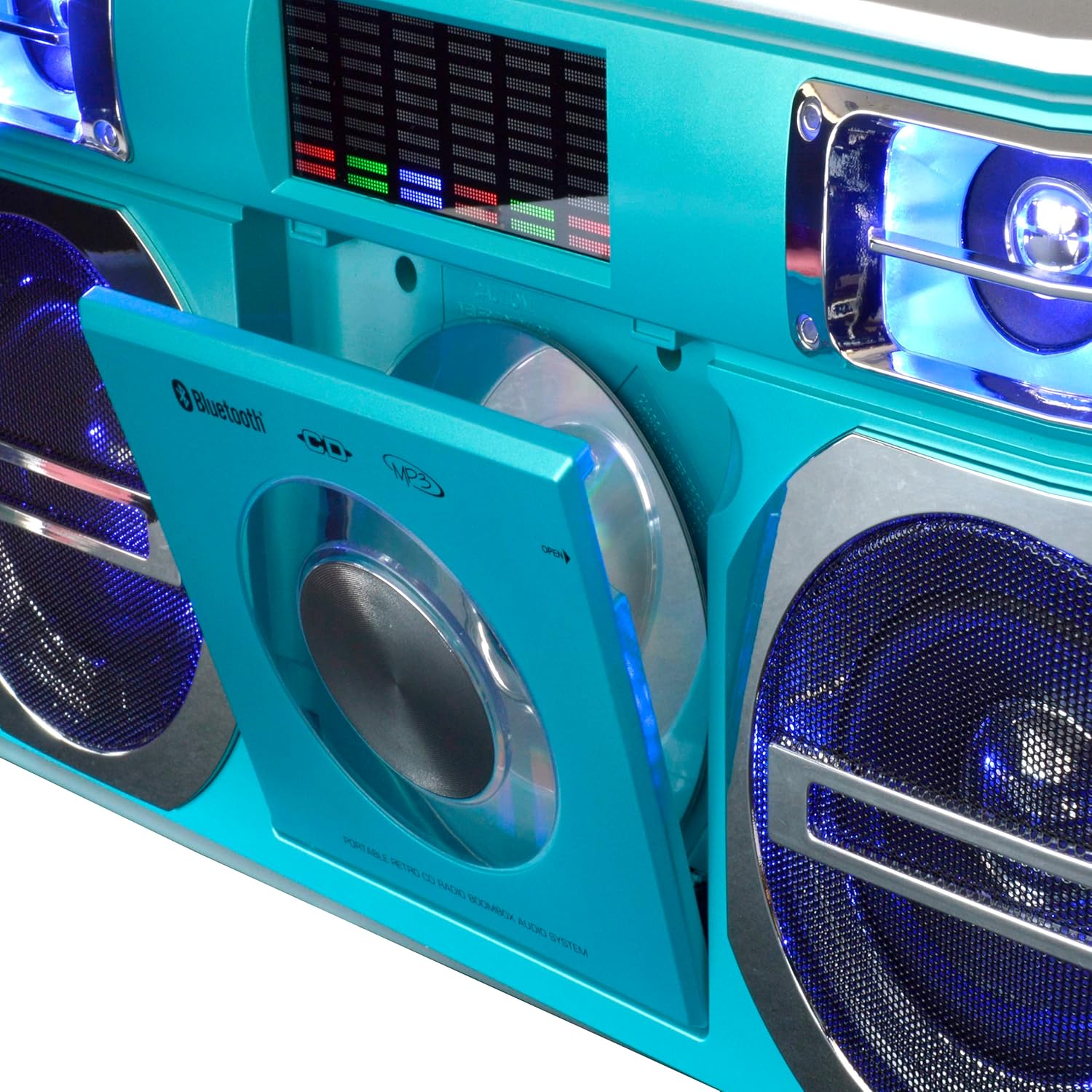 Studebaker Vintage Aqua Turquoise 80's Retro Street Bluetooth Wireless Streaming Boombox Rechargeable Battery, CD/MP3 Player, AM/FM, USB