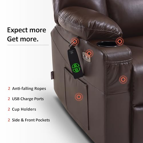 MCombo Small Power Lift Recliner Chair with Massage and Heat for Petite People, Cup Holders, USB Ports, Side Pockets, Faux Leather 7569 (Small