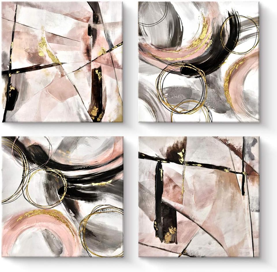 Abstract Wall Art Pink Black Framed Canvas Painting Wall Decor, Modern Artwork for Home Office Decoration , Set of 4