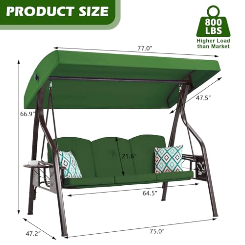 3-Seat Outdoor Porch Swing with Stand, Patio Swing with Canopy
