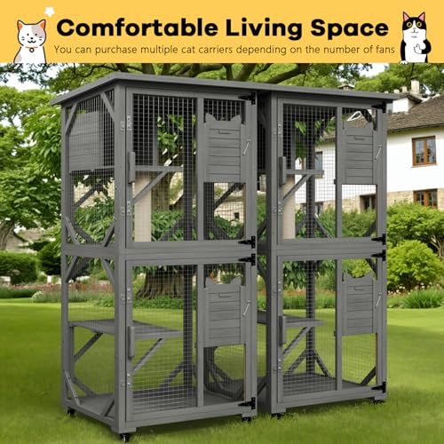 OFIKA Cat House Catio Outdoor Enclosure with Waterproof Roof,71'' cat House & Condos on Wheels for Outdoor Patio,Cat Window Box,Scratching Post（White）