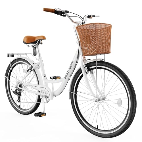 MOONCOOL Womens Bike 7 Speed, 24 26 inch Beach Cruiser Bikes for Women, Step Through Adult Bicycle with Front Basket for City Commuting