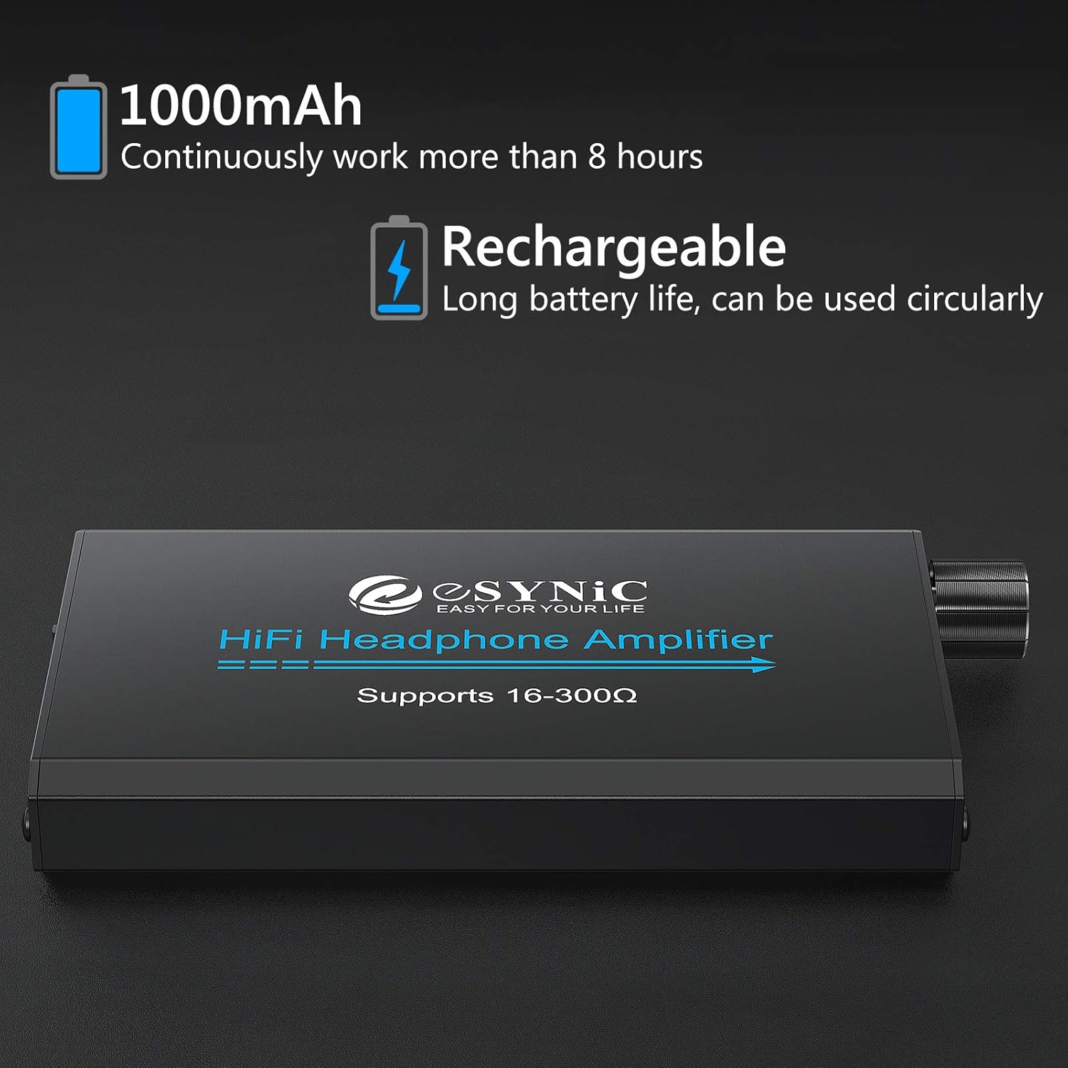 eSynic Headphone Amplifier Portable Amp 3.5mm Gain Switch Audio Rechargeable HiFi Earphone Headphone Amplifier with 1.2m USB Cable and Lithium