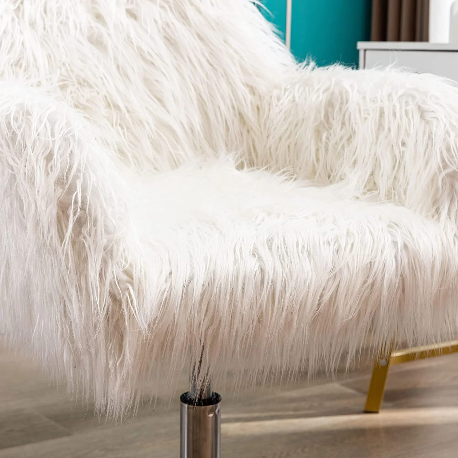White Vanity Chair Faux Fur Swivel Home Office Desk Chair, Soft Fluffy Chair For Bedroom For Girls, Makeup Vanity Chair With Back