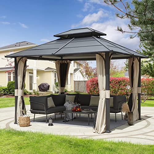 EROMMY 12'x20' Hardtop Gazebo Double Roof Galvanized Steel Canopy Outdoor Aluminum Frame Permanent Metal Pavilion with Netting and Curtains for Patio