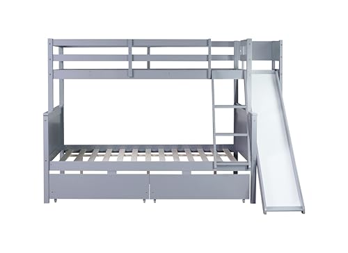 Full-Over-Full Castle Style Bunk Bed with 2 Drawers and 3 Shelves, Wood Bunk Bed Frame with Slide and Storage Staircase for Kids Teens Boys Girls