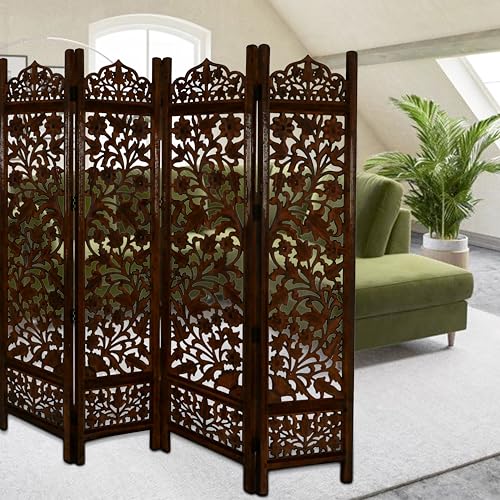 Lightnpro Wooden Room Divider - Handmade Foldable Partition Screen with Intricate Oval Carved Design Hinged