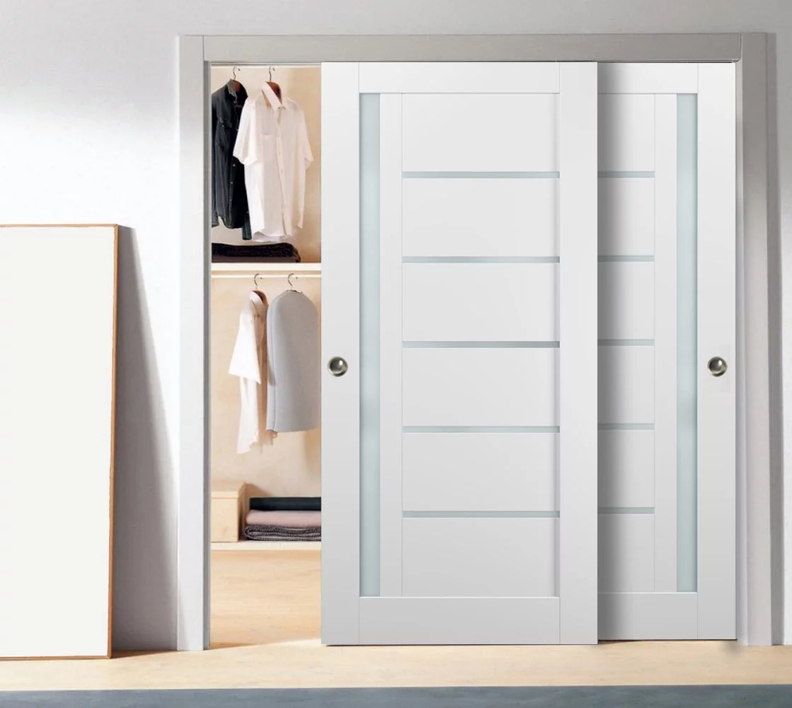 Sliding Closet Bypass Doors 60 x 96 with hardware | Quadro 4088 White Silk with Frosted Opaque Glass | Sturdy Top Mount Rails Moldings Trims Set |