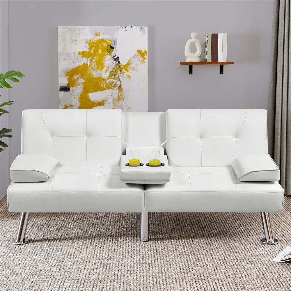 Easyfashion Modern Faux Leather Futon Sofa Bed Convertible Folding Couch with Cup Holders,White