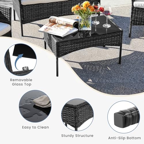 DUMOS Patio Furniture Set 4 Pieces, Outdoor Wicker Furniture with Coffee Table, Modern Rattan Patio Chairs Conversation Sets with Sofa for Garden