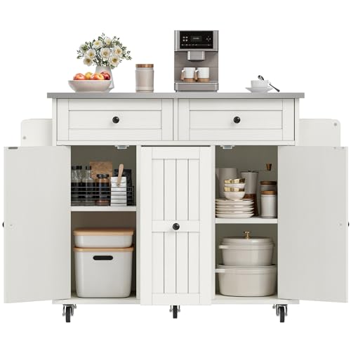 DWVO Kitchen Island on Wheels, Mobile Kitchen Island Cart with Folding Drop Leaf Breakfast Bar, Island Table for Kitchen with Large Storage Cabinets
