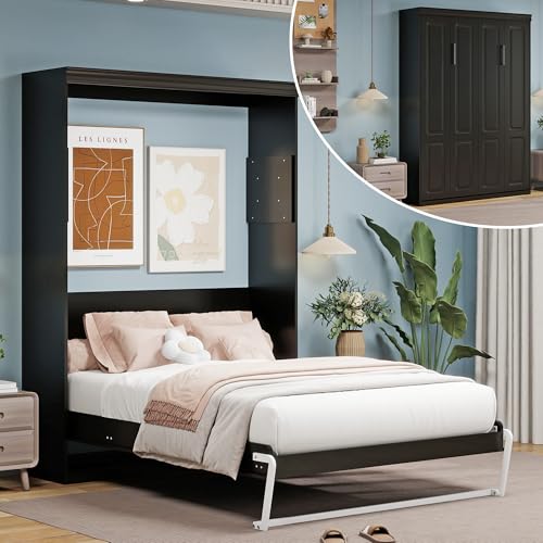 Black Wood Full Size Murphy Bed, Murphy Bed Full Space-Saving Wall Beds