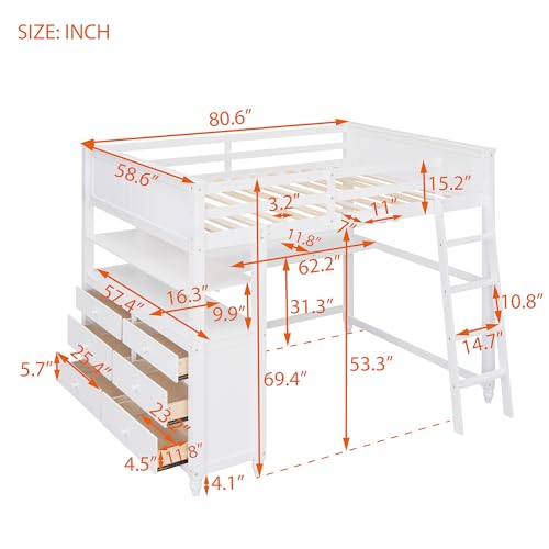 Harper & Bright Designs Full Loft Bed with Desk and Wardrobe,Solid Wood Loft Bed Frame Full with Storage Drawers for Kids Teens Adults
