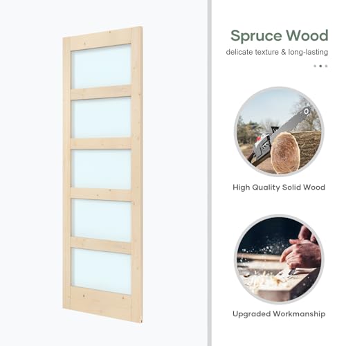 42x84 inch Glass Sliding Barn Door Slab with 7ft Hardware Kit Included, 5-Panel Frosted Glass, Spruce Wood Support DIY Dyeing, Easy Assembly