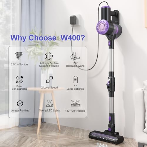 PRETTYCARELIFE Cordless Vacuum Cleaner, 6 in 1 Lightweight Stick Vacuum Self-Standing with Powerful Suction