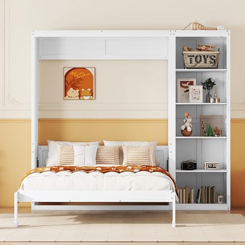 Harper & Bright Designs Full Size Murphy Bed Wall Bed with Storage Shelves, Drawers and LED Lights
