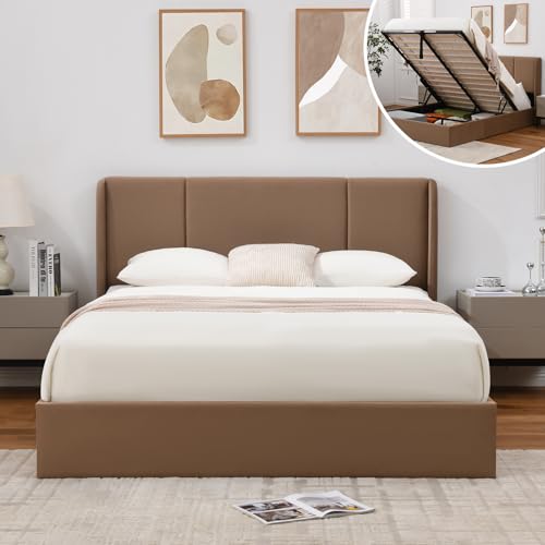 VELOCAVA Queen Size Lift Up Storage Bed with Modern Wingback Headboard, Upholstered Platform Bed with Fabric with Hydraulic Support Bars