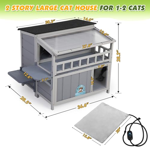 Outdoor Cat House, 2-Tier Warm Wood Cat Shelter with Sunlight Roof, Balcony, Jumping Platforms, Kitty Pet Porch Enclosure, Weatherproof, Openable