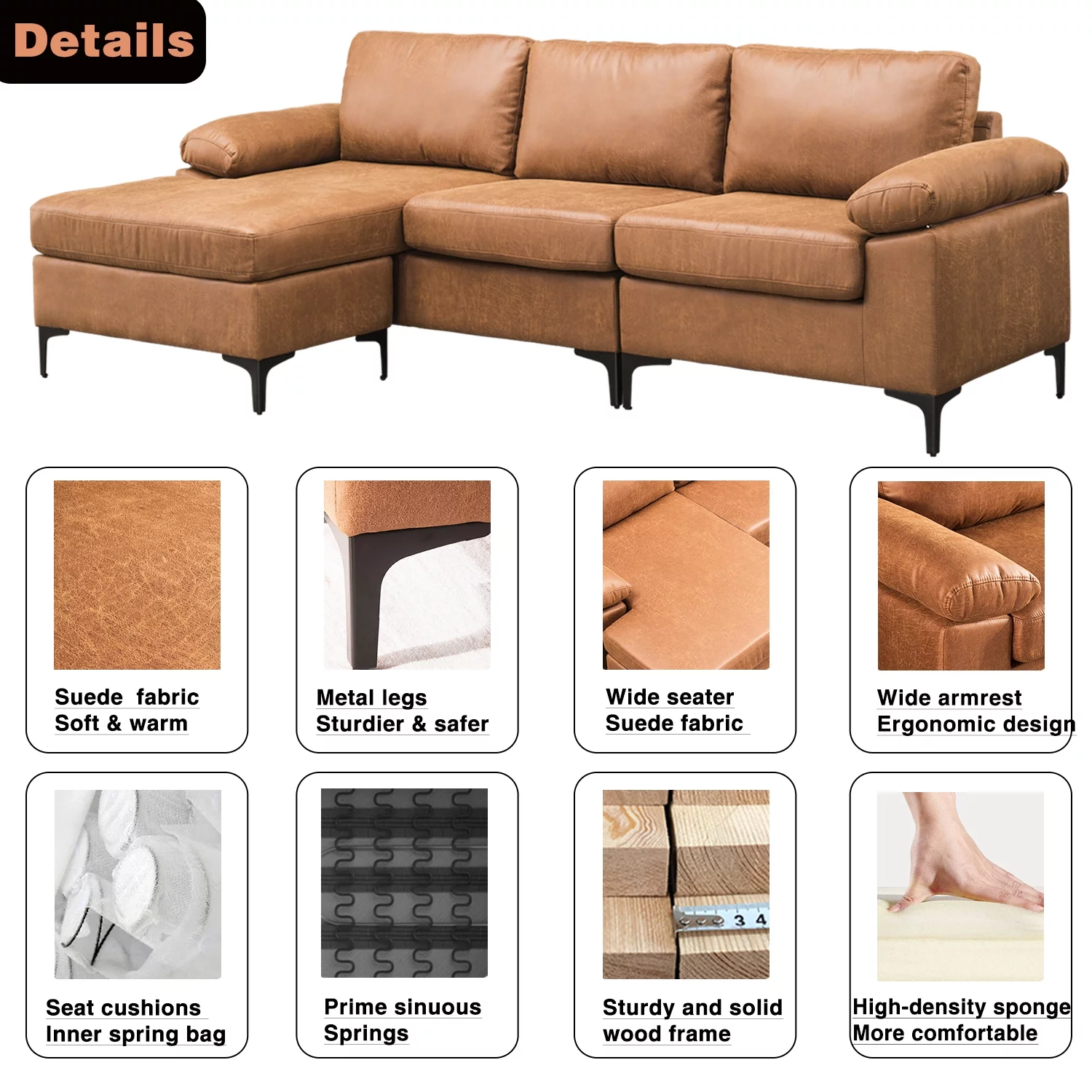 Ovios 100" Convertible Sectional Sofa,3-seat L Shaped Couch with Suede Fabric,Reversible recliner& Chaise for Small Space