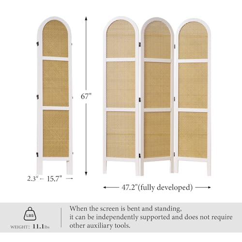 Room Divider and Folding Privacy Screens, Pine Wood 5.6 Ft Double Hinged Rattan Partition Freestanding Wall Room Divider for Home - 3 Panels