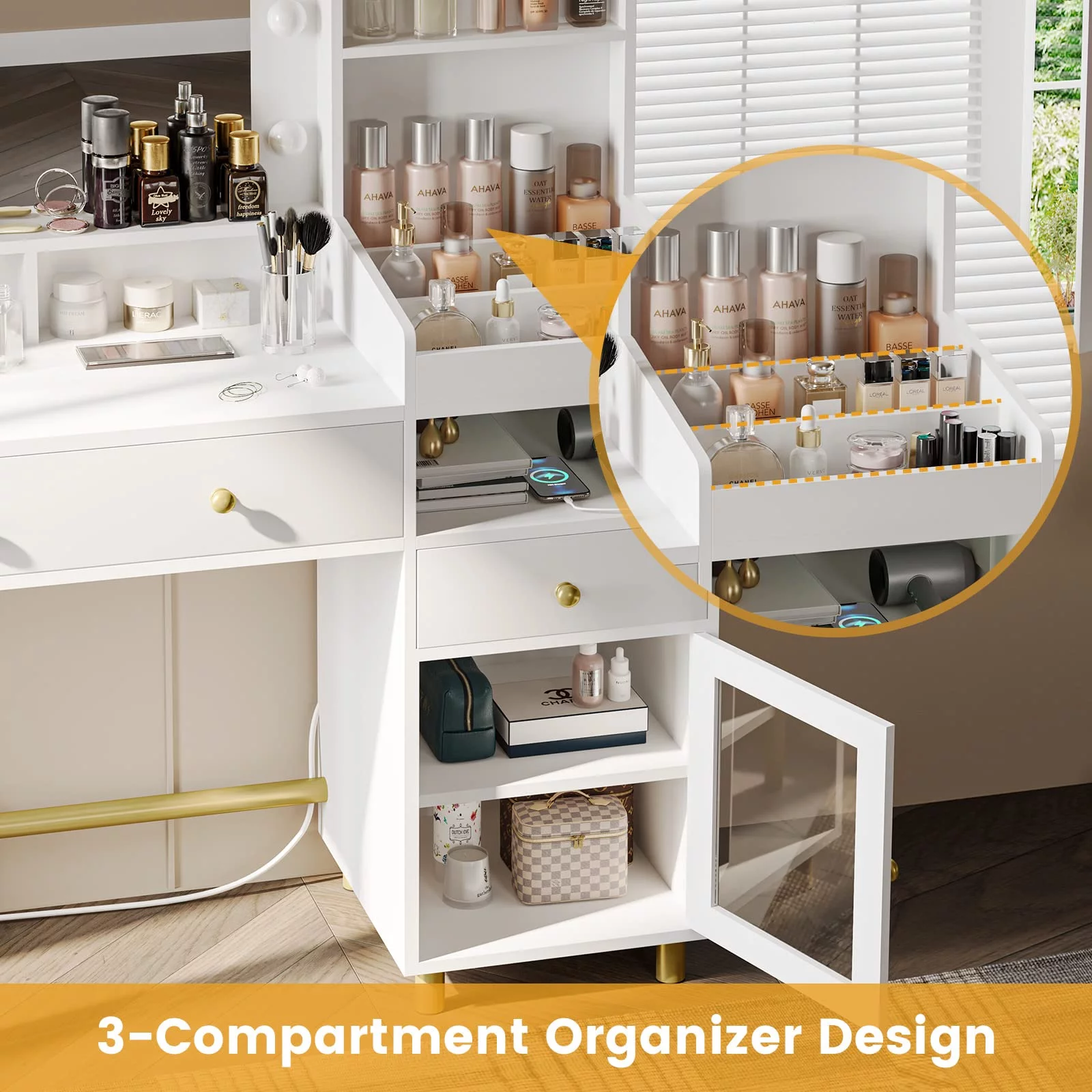 White Vanity Desk with Mirror and Lights and Drawers Modern Makeup Vanity Table with Charging Station&Cabinet for Bedroom