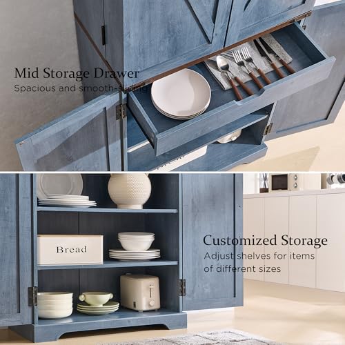 72" Tall Kitchen Pantry, Farmhouse Storage Cabinet with Barn Doors, Organizer, Drawer and Adjustable Shelves, Rustic Wood Cupboard for Kitchen