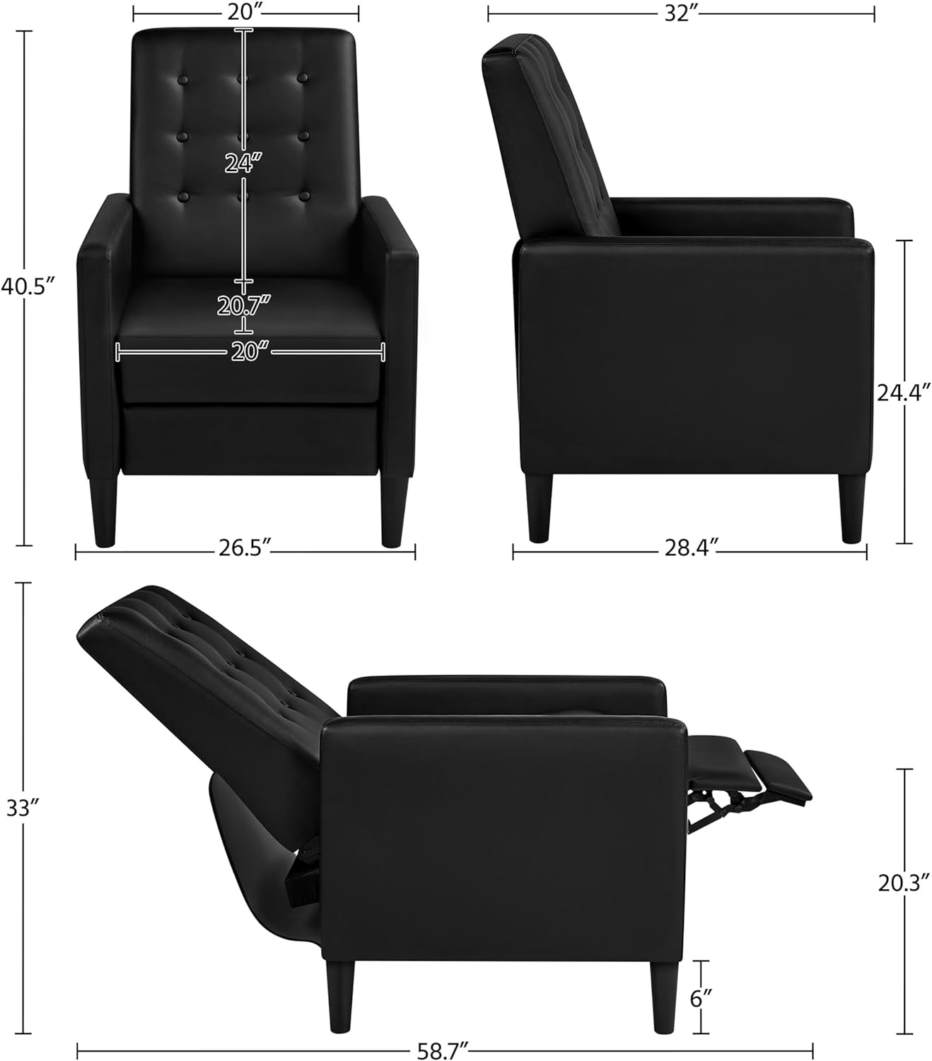 TJUNBOLIFE Faux Leather Recliner Sofa Mid-Century Modern Single Reclining Chair Adjustable Back &amp