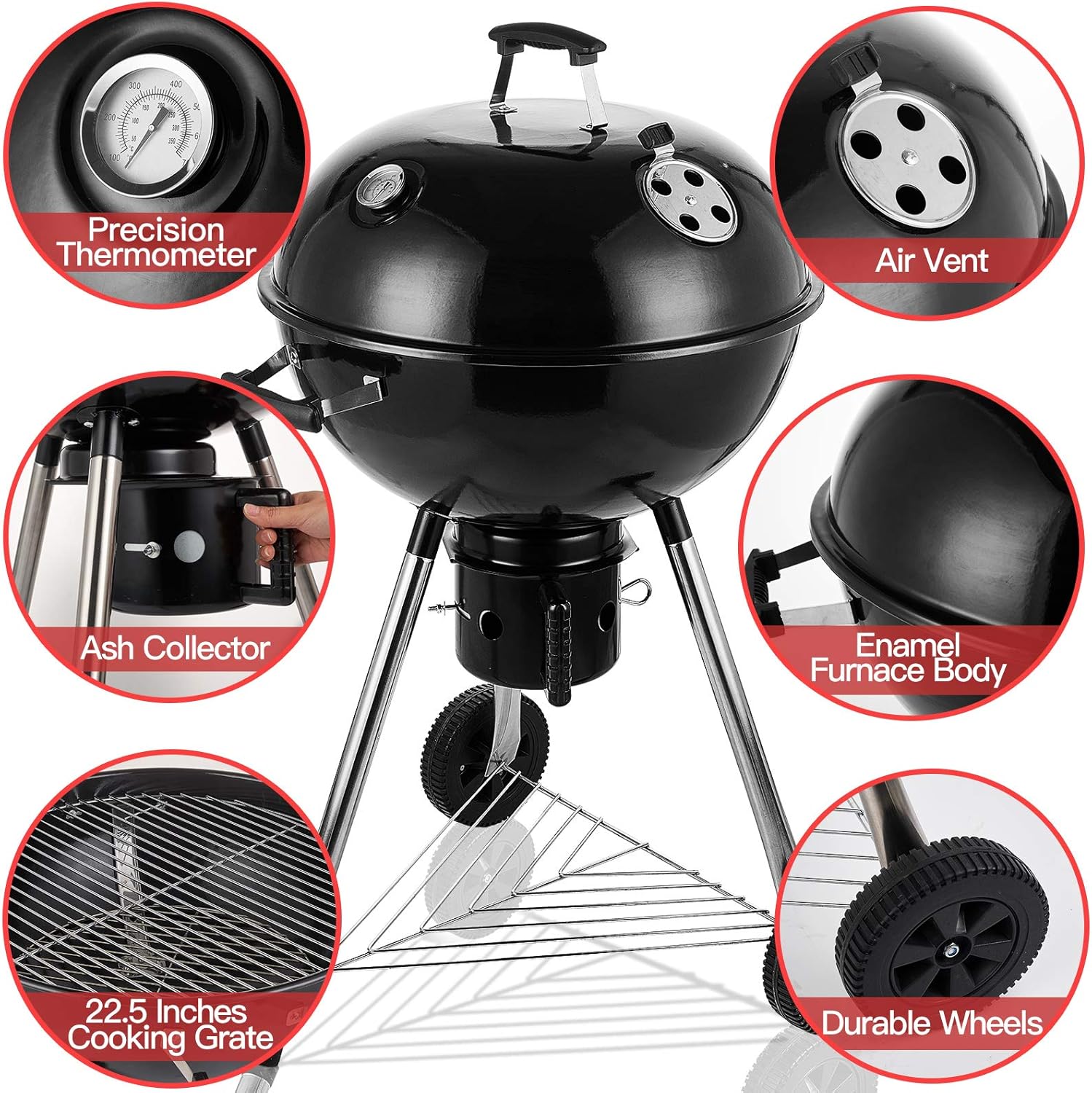 CUSIMAX Charcoal Grill Portable BBQ Grill Kettle 22.5 inch, Outdoor Grills & Smokers for Patio Backyard Barbecue Camping, Black