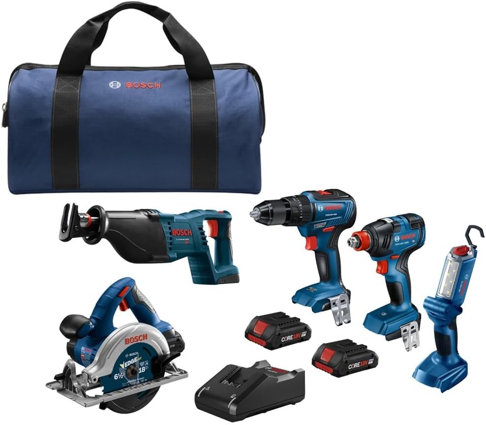 BOSCH GXL18V-501B25 18V 5-Tool Combo Kit with 2-In-1 Bit/Socket Impact Driver/Wrench, 1/2 In. Hammer Drill/Driver, Reciprocating Saw, Circular Saw