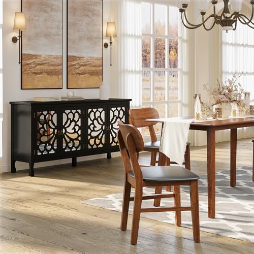 RoyalCraft Buffet Cabinet with Mirror Butterfly Carved Door, 63'' Sideboard Cabinet with Adjustable Shelves